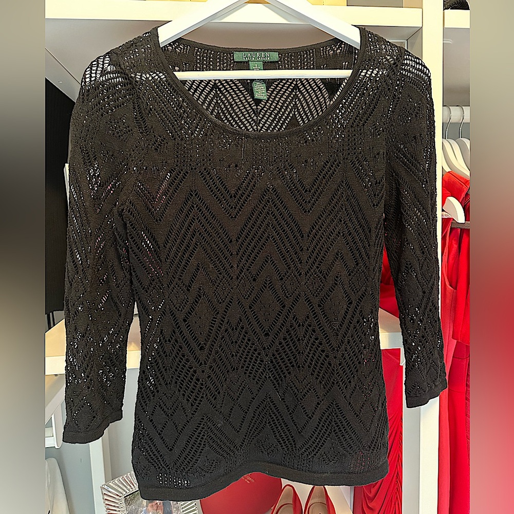 Ralph Lauren Linen/Cotton Lace Crochet Overlay Sweater with Black Satin Tank